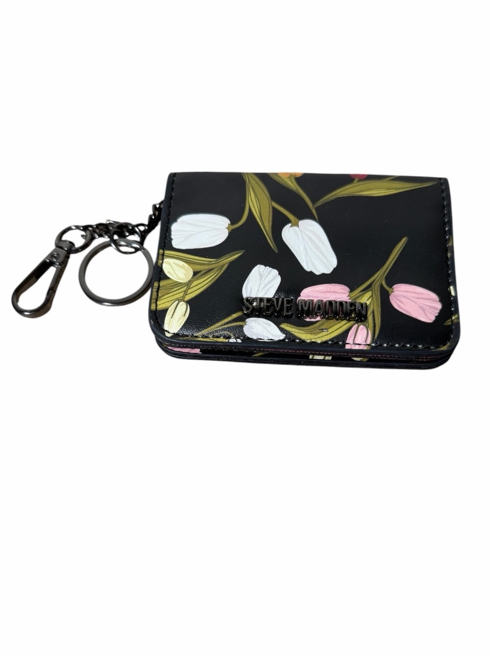 Steve Madden Black Floral Key & Card Holder with Pink and White Tulips